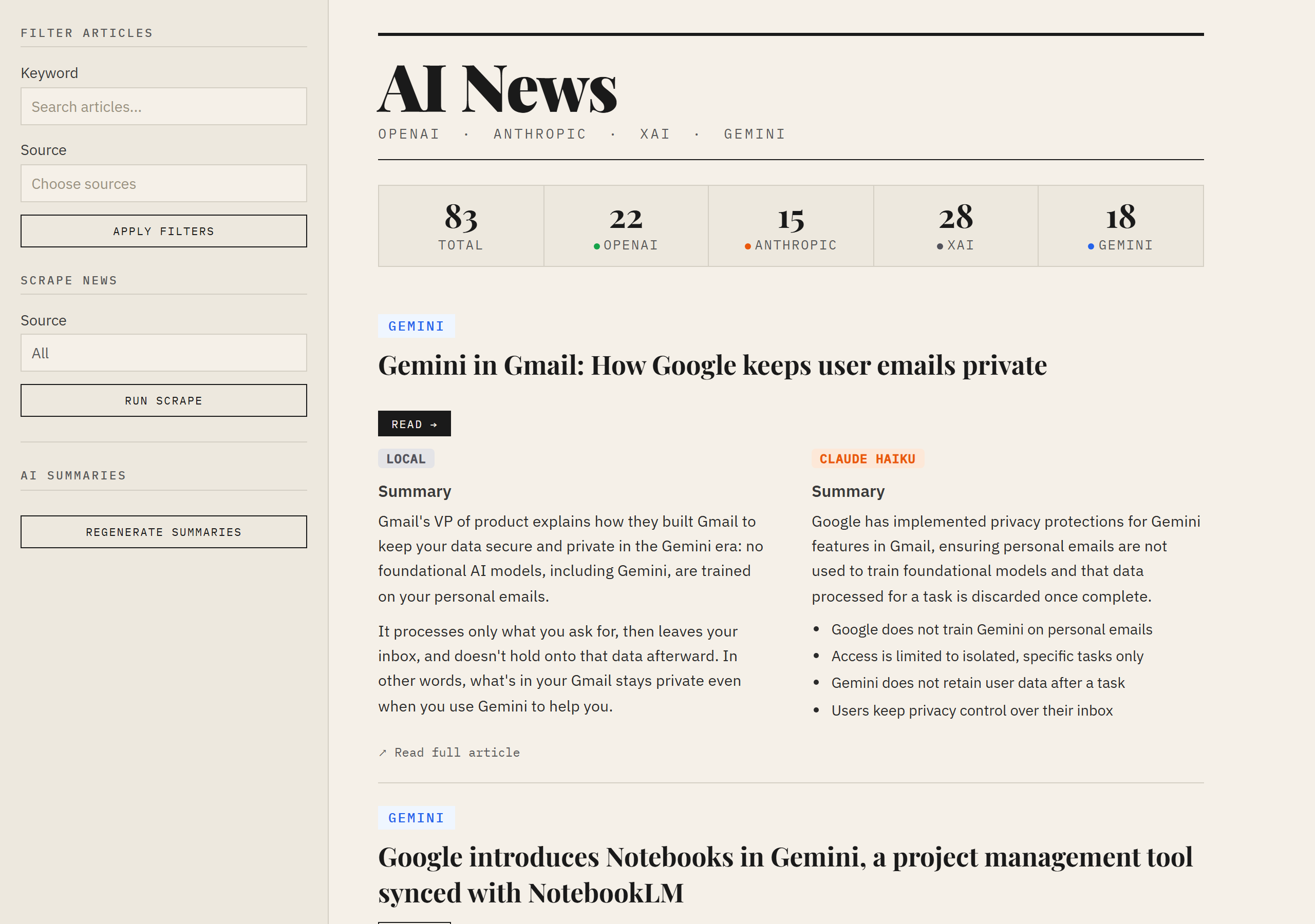 AI News Aggregator, prehľad článkov s dvoma AI zhrnutiami vedľa seba
